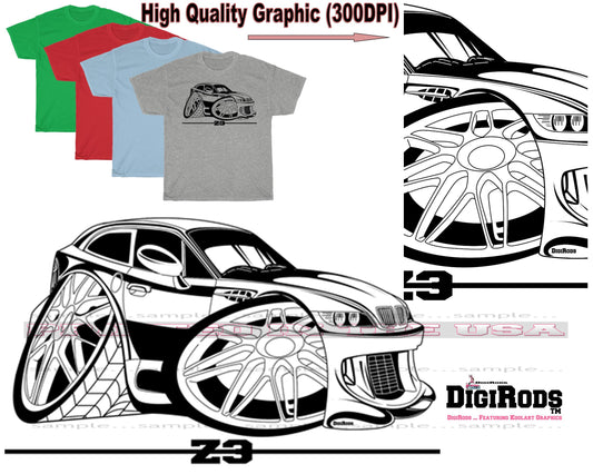 (BMW) Z3 Z 3 Coupe Series Model Black Outline DigiRods Cartoon Car T Shirt - 4 Colors