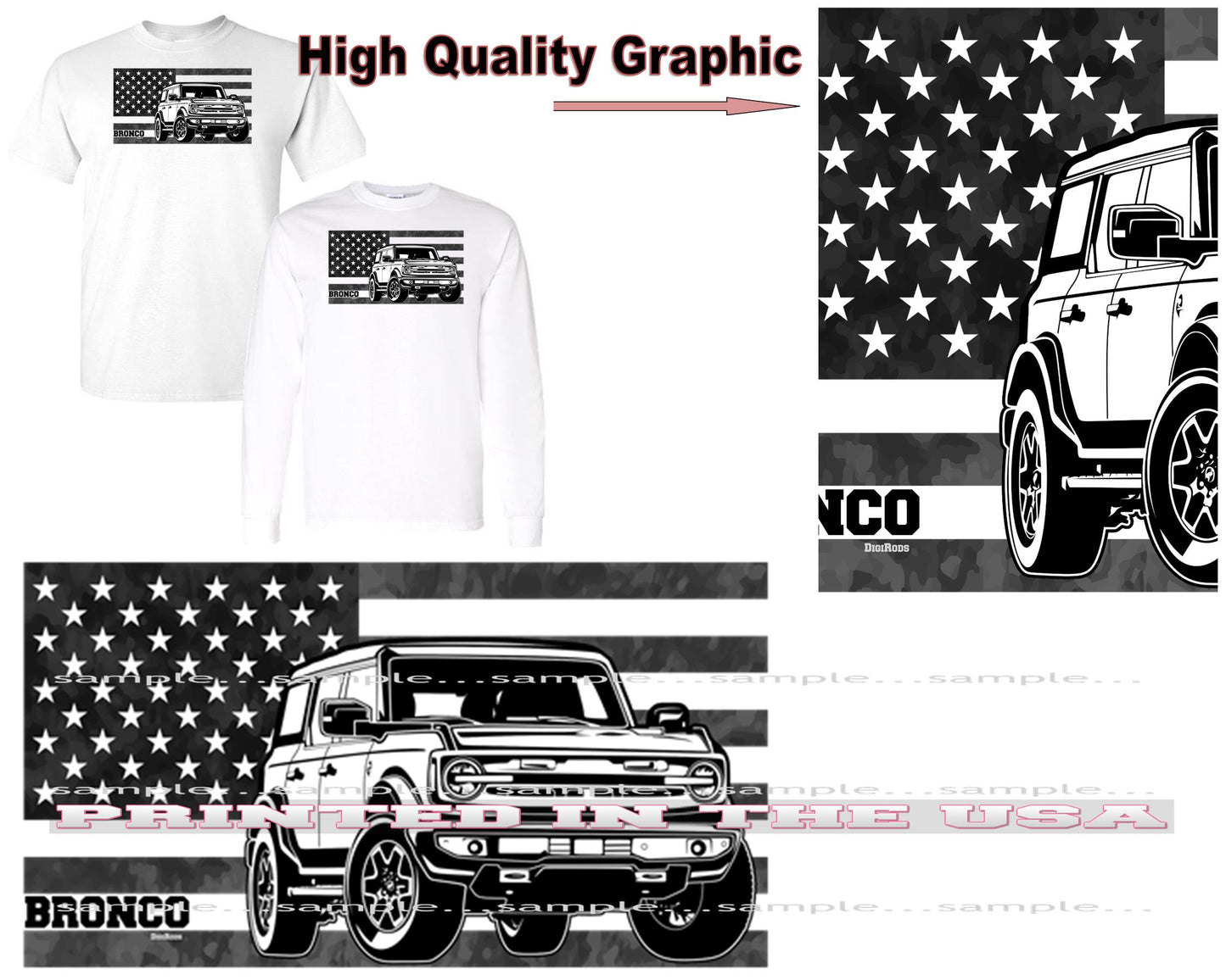 (FOR) Ford Bronco New Model SUV Truck Black & White American Flag #1 DigiRods Cartoon Car Short/Long Sleeve T Shirt