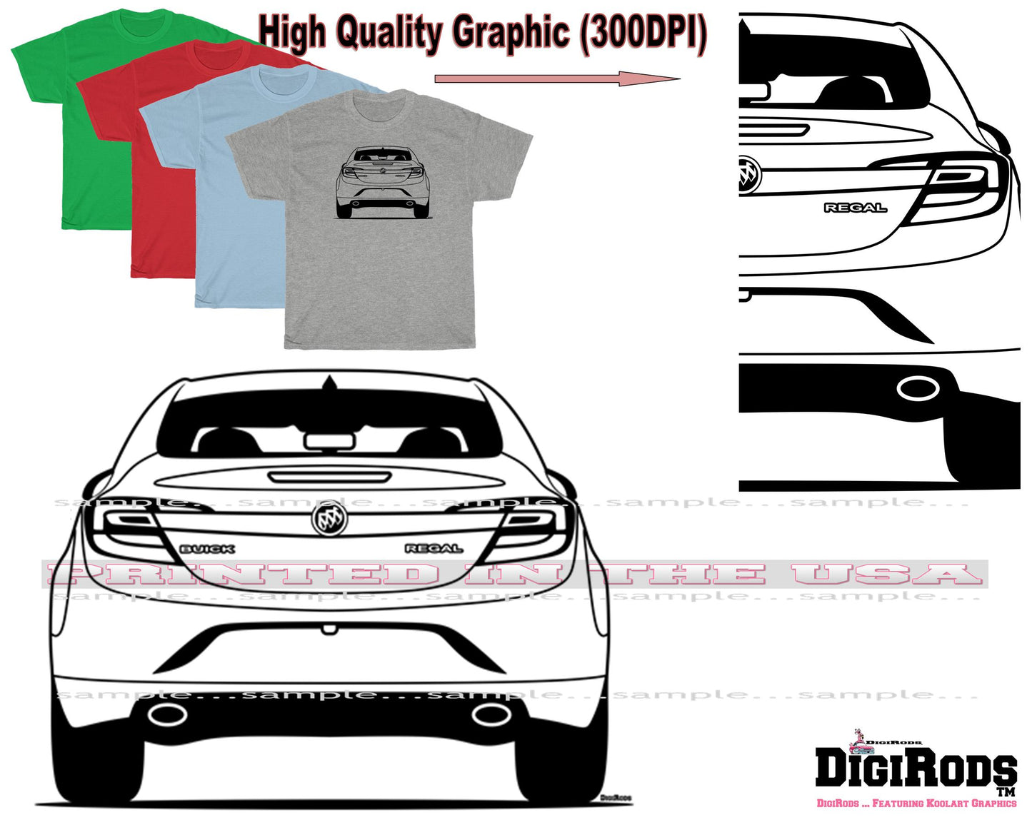 (BUI) Buick Regal Model Rear View DigiRods Cartoon Car Black Outline T Shirt - 4 Colors