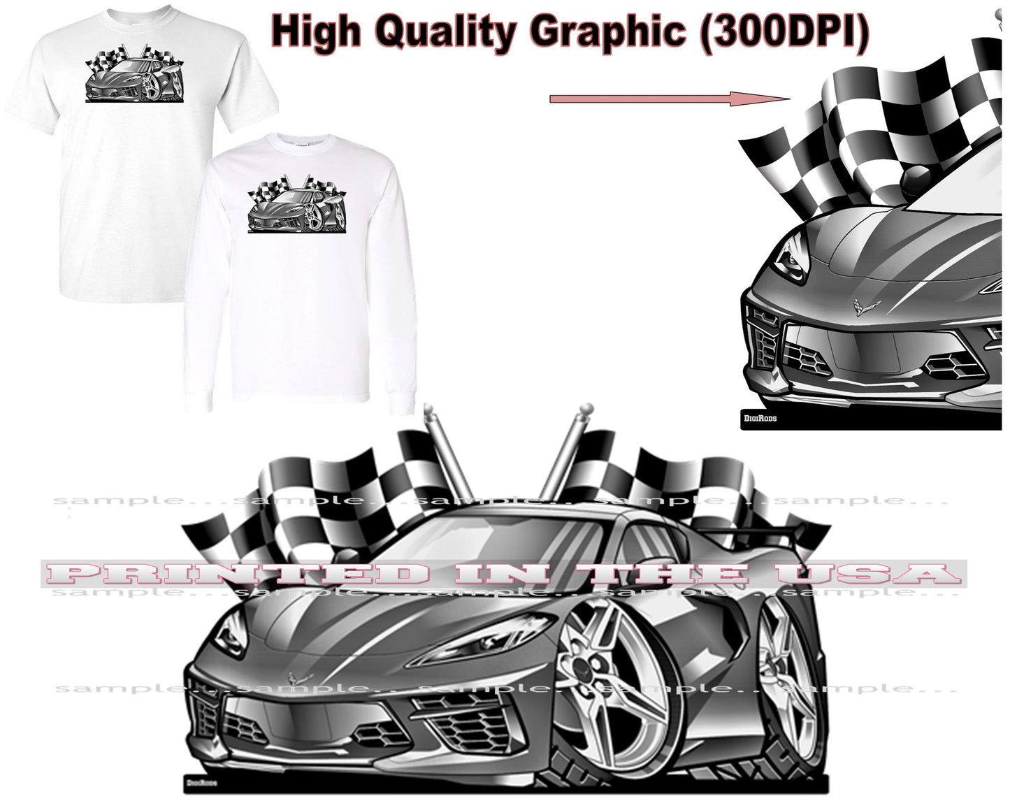 (CHE) Chevy Corvette C8 Stingray New Model Year Monochrome Racing Flags DigiRods Cartoon Car Short/Long Sleeve T Shirt