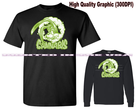 Cannabis Pot Smoking Bunny Rabbit Green Weed Cartoon Short/Long Sleeve Black T Shirt