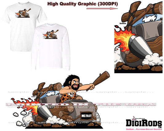 (*DigiToon) Cave Man Caveman Speeding Prehistoric Vehicle Me Fast DigiRods Cartoon Car Series Short/Long Sleeve T Shirt