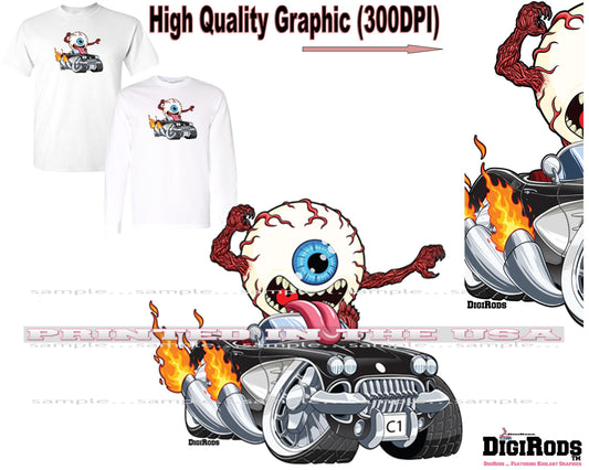 (CHE-D*) Freaky Eyeball Driver See One Chevy Corvette C1 DigiRods Cartoon Car Series Short/Long Sleeve T Shirt