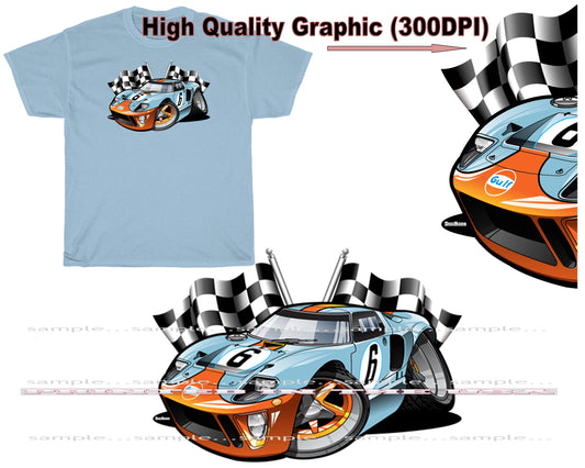 (FOR) Ford GT40 GT 40 1968 Gulf Racer Digirods Cartoon Car Light Blue T Shirt