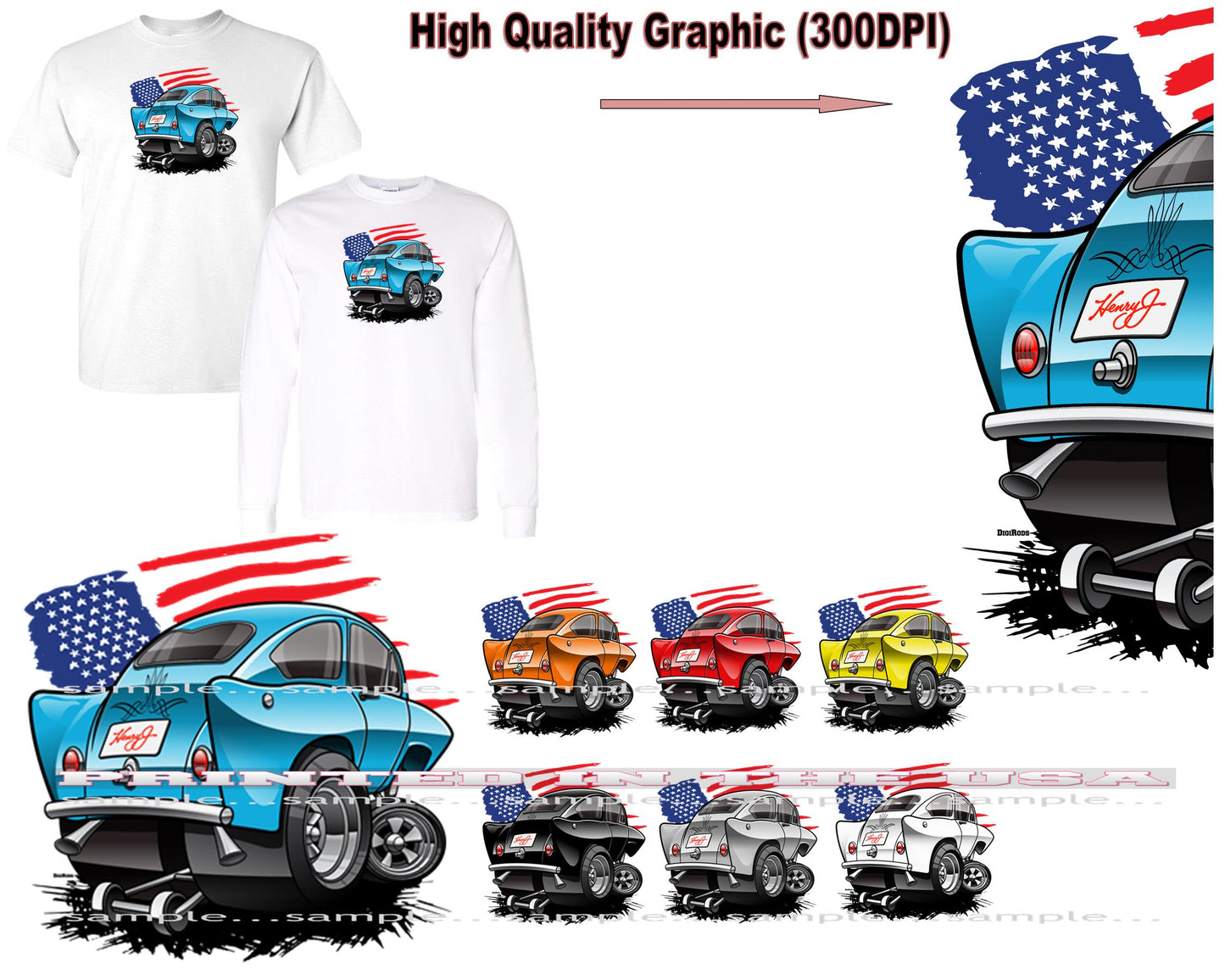 (KAI) Kaiser Henry J Gasser Hot Rod Model Paint Colors Flag Backgound DigiRods Cartoon Car Short/Long Sleeve T Shirt