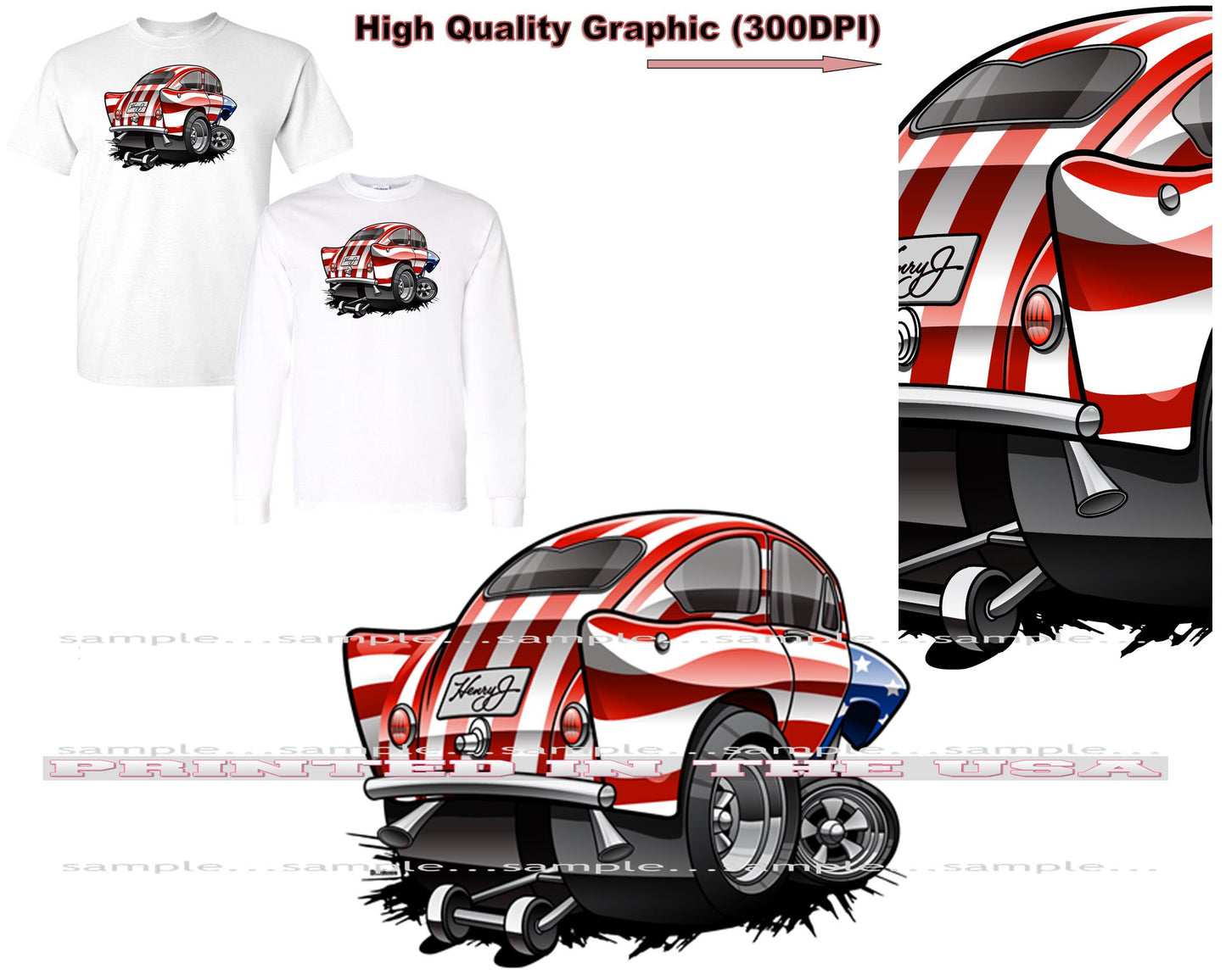 (KAI) Kaiser Henry J Gasser Hot Rod Model American Flag Paint DigiRods Cartoon Car Short/Long Sleeve T Shirt