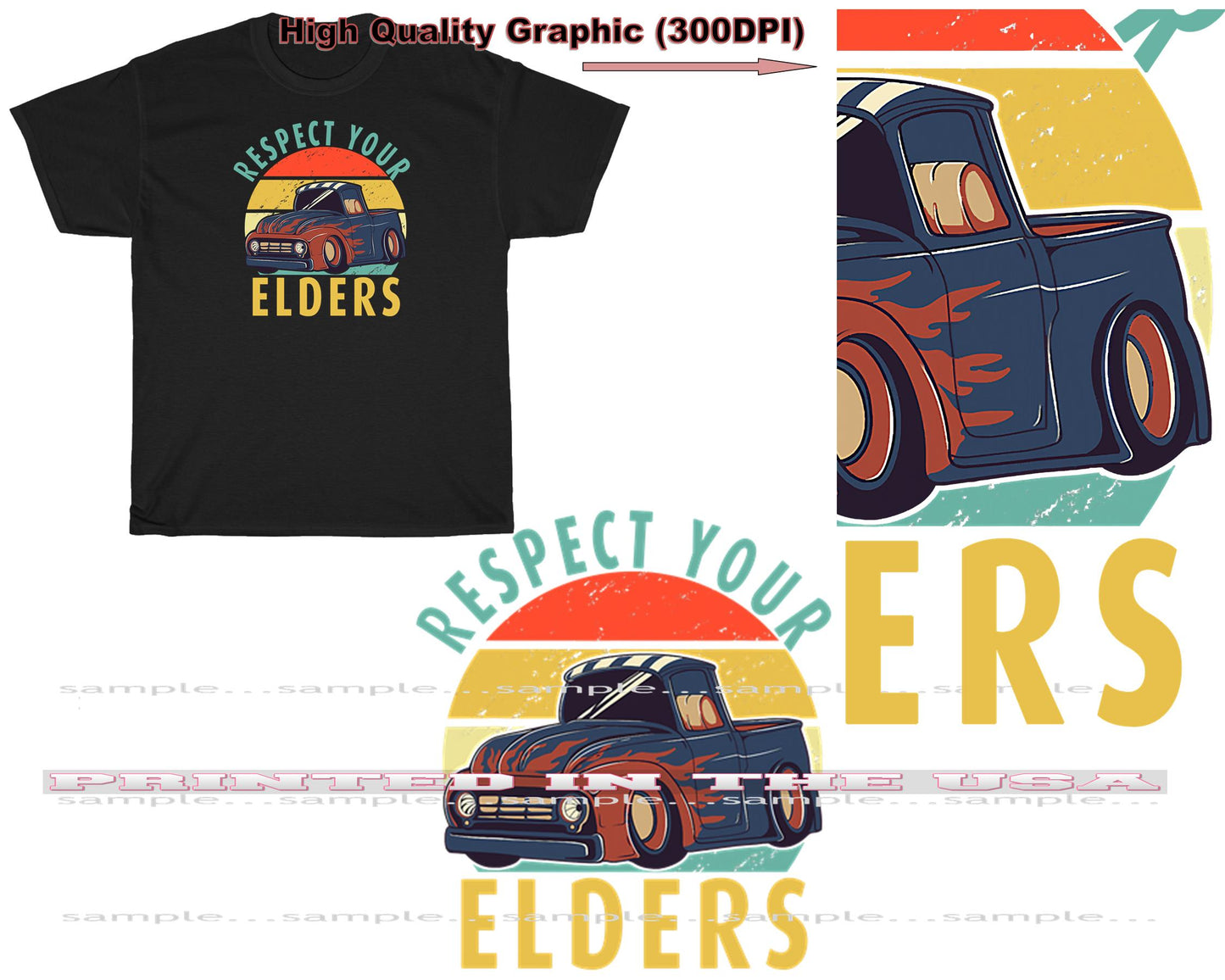 (HOT) Hot Rod Truck Vintage Retro Graphic Respect Your Elders Cartoon Car Black T Shirt