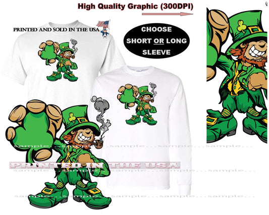 Ireland Leprechaun Irish Shamrock Clover Pipe Smoking Cartoon Short/Long Sleeve T Shirt