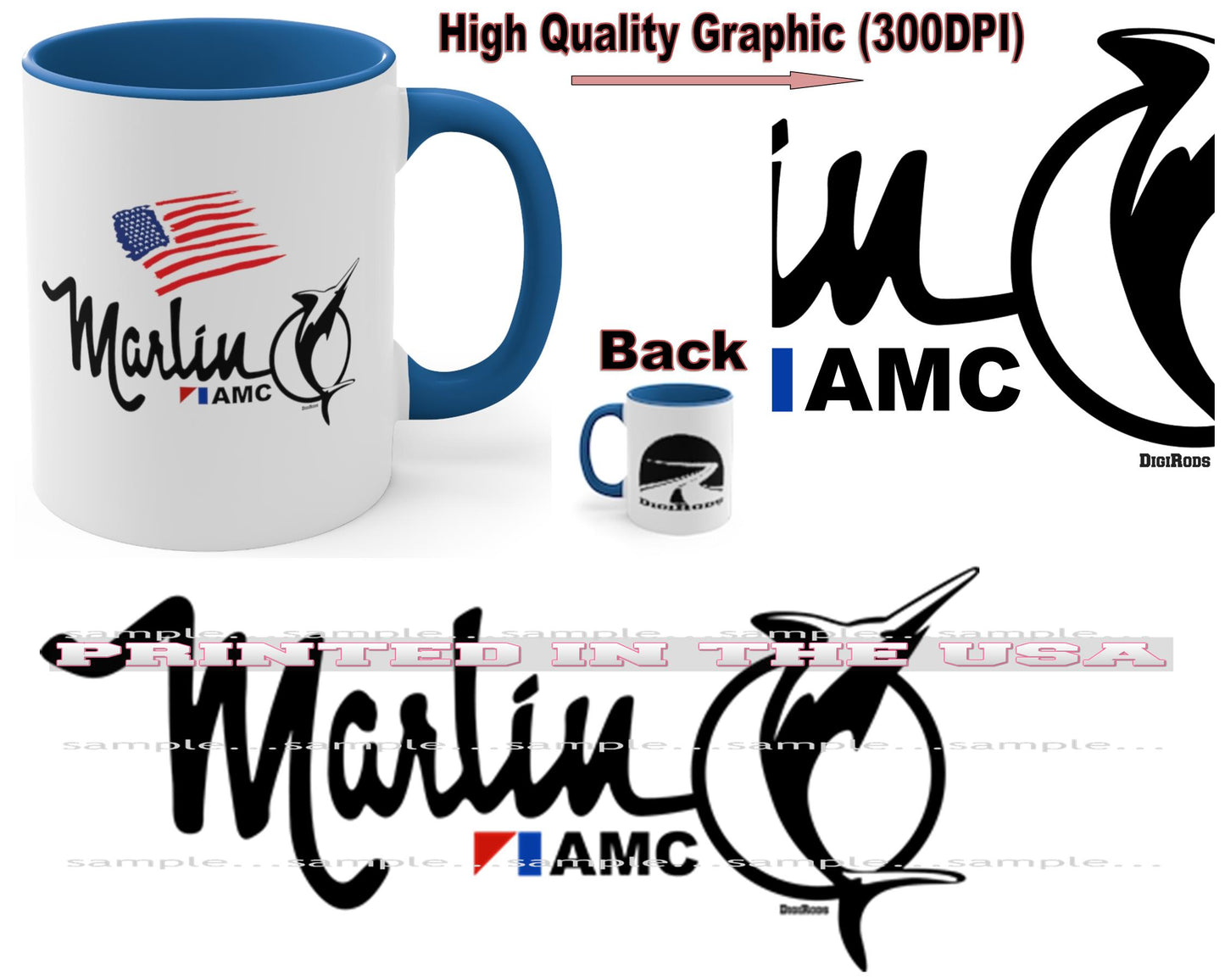 (AMC) AMC American Motors Rambler Marlin 1960's Logo DigiRods Car Coffee Cup Mug