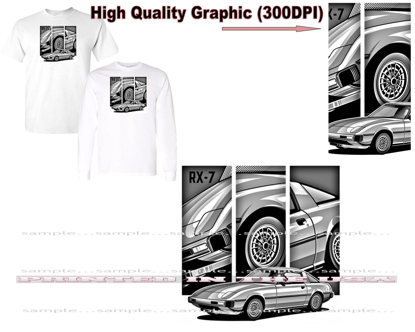 (MAZ) Mazda RX7 RX-7 Early Model Block Parts Monochrome Graphics Cartoon Car Short/Long Sleeve T Shirt