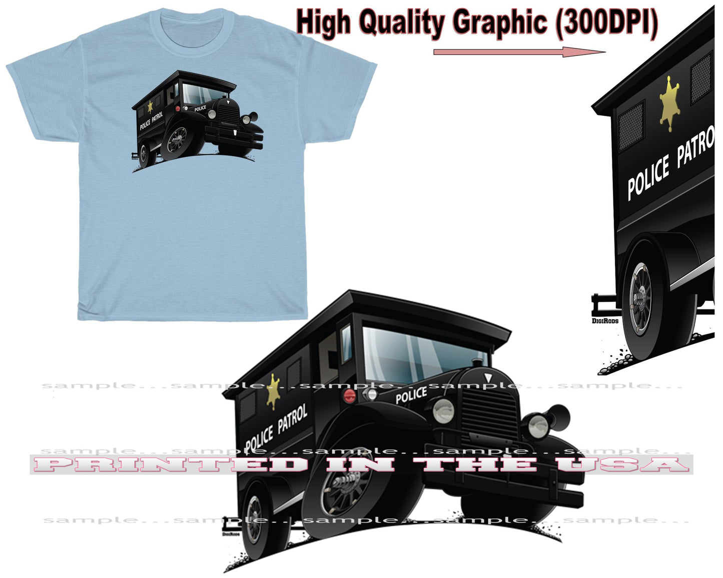 (HUD) Hudson Vintage Police Paddy Wagon DigiRods Cartoon Car Light Blue T Shirt