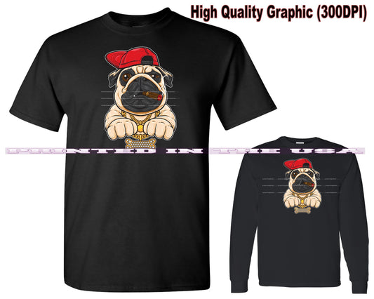 Pug Dog Breed Tough Gangsta Cartoon Short/Long Sleeve Black T Shirt