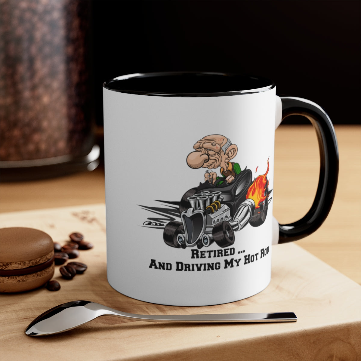 (*DigiToon) Retired And Driving My Flaming Black Hot Rod DigiRods Cartoon Car Coffee Cup Mug