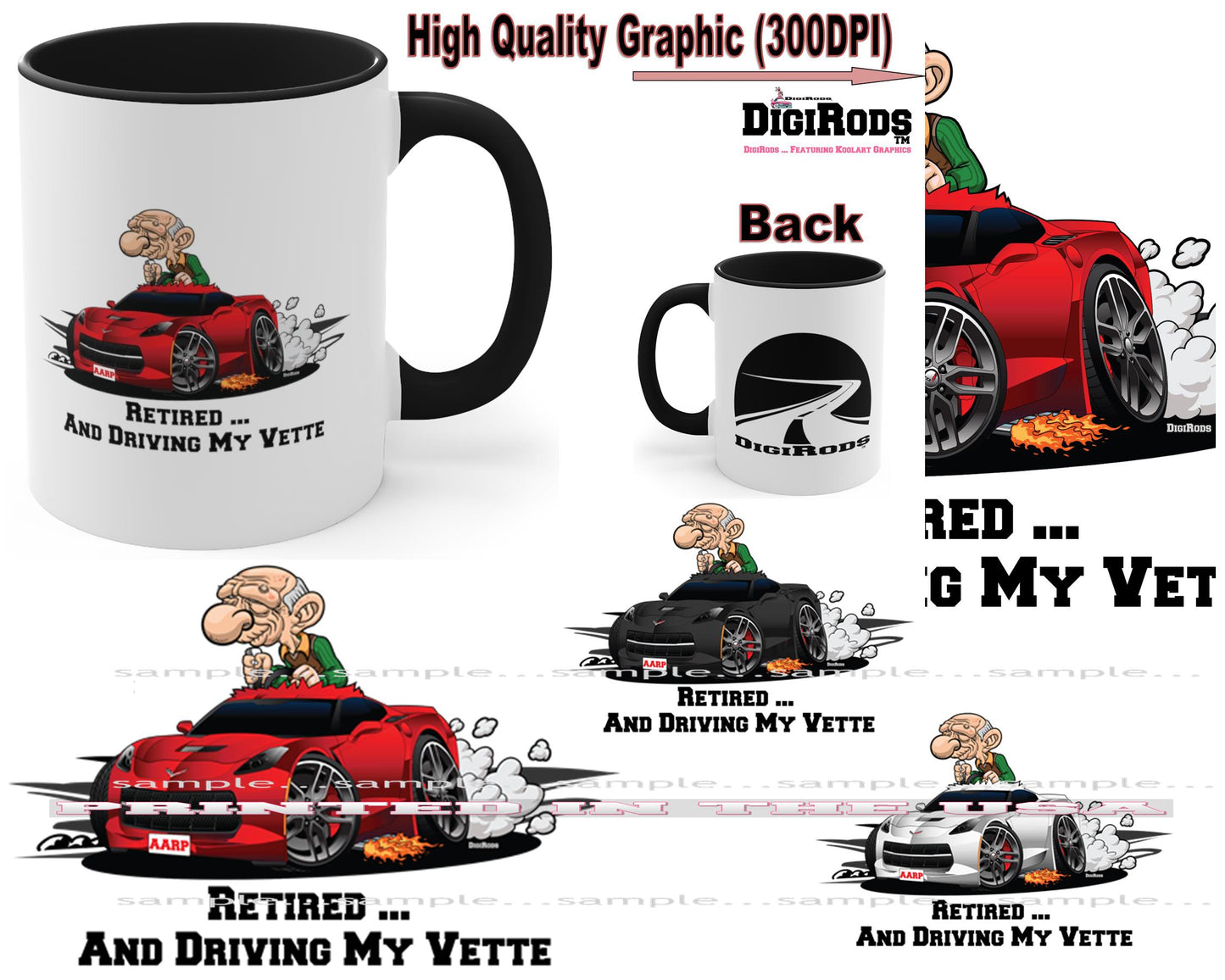 (*DigiToon) Retired And Driving My Corvette C7 Old Man DigiRods Cartoon Car Coffee Cup Mug