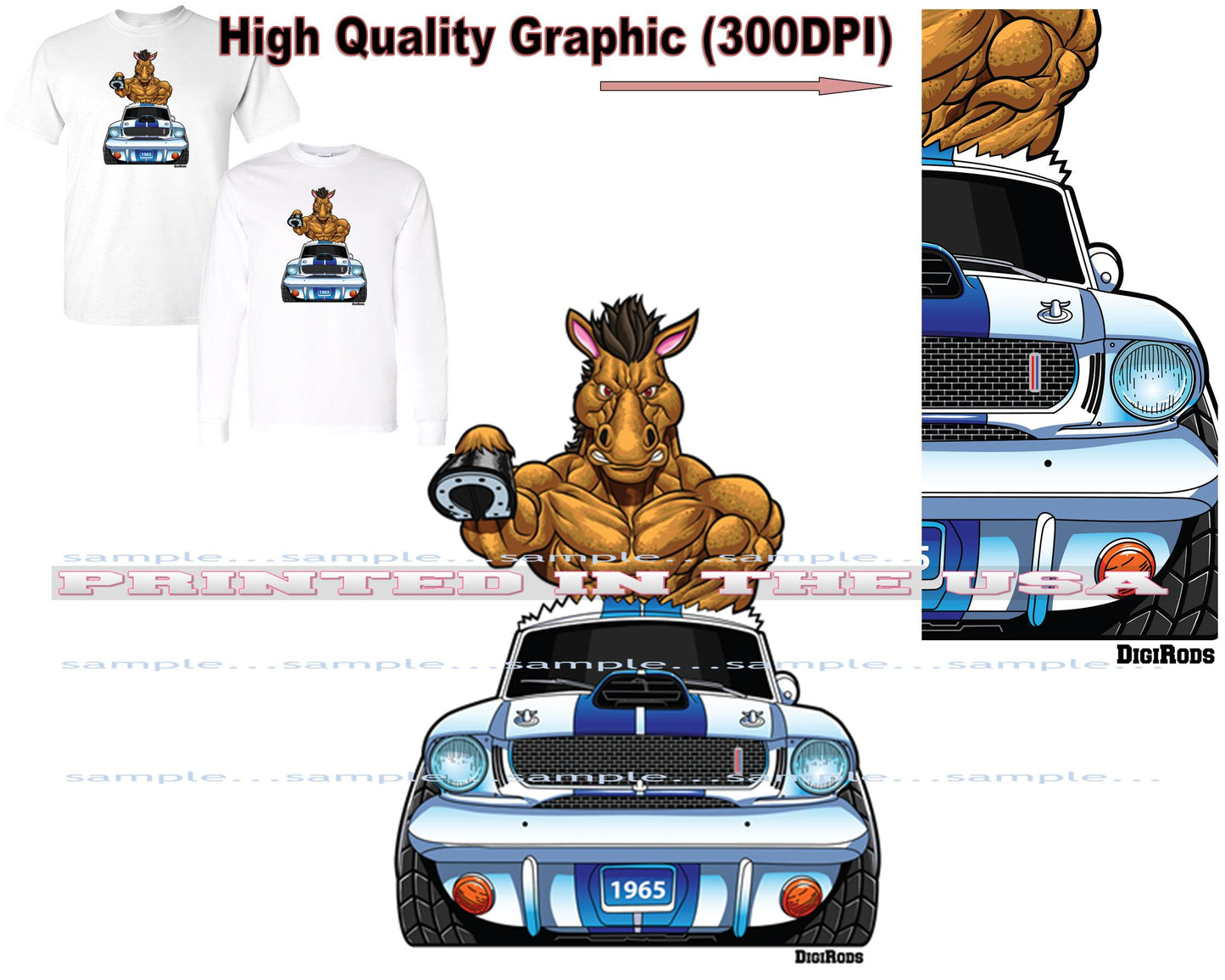 (*DigiToon) Horse Power Shelby Mustang Front View 1965 DigiRods Cartoon Car Series Short/Long Sleeve T Shirt