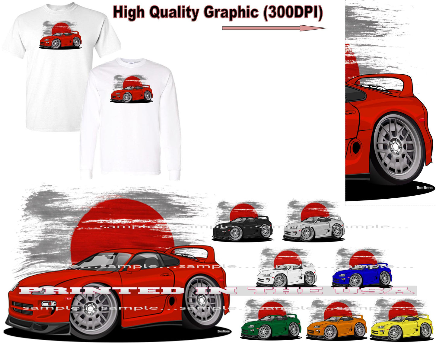 (TOY) Toyota Supra 4th Generation A80 Model Japan Sun DigiRods Cartoon Car Short/Long Sleeve T Shirt