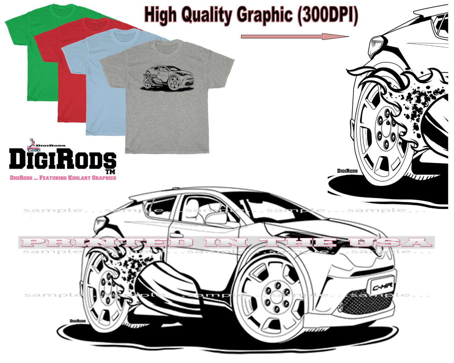 (TOY) Toyota C-HR CHR Subcompact SUV Racing Pipe Series Digirods Cartoon Car T Shirt - 4 Colors