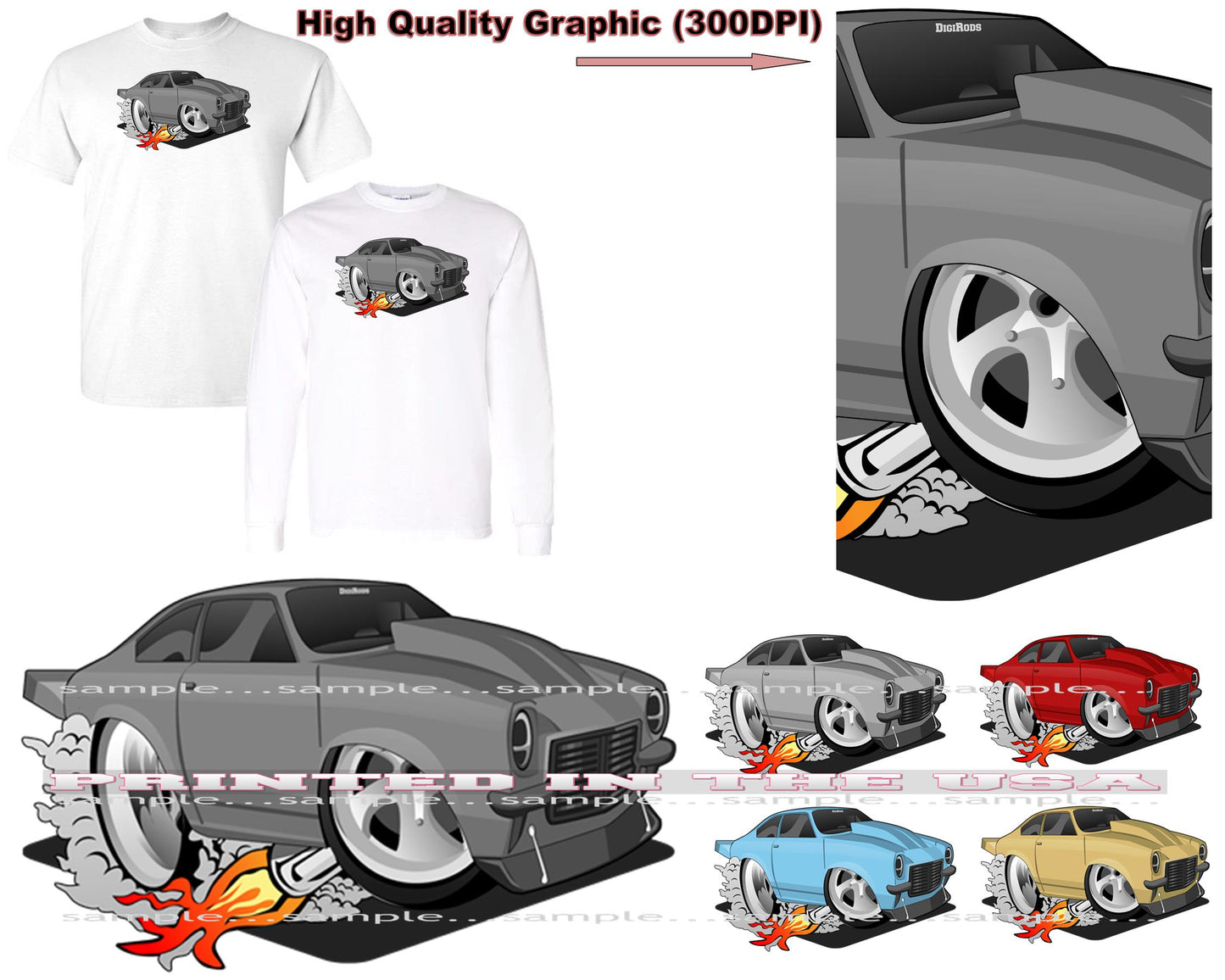 (CHE) Chevy Vega 1970s Colors Drag Racer DigiRods Cartoon Car Short/Long Sleeve T Shirt