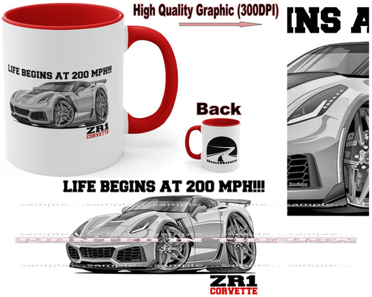 (CHE) Chevy Corvette C7 ZR1 Life Begins At 200 MPH DigiRods Cartoon Car Coffee Cup Mug